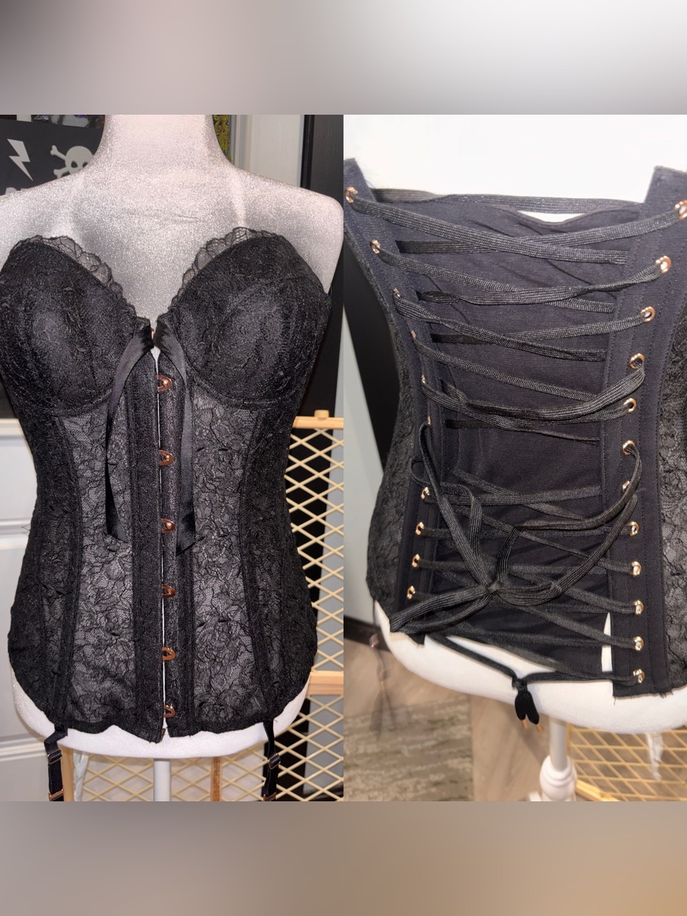 Fenty black Lace Strapless Corset with Garter Sz. L NWT
